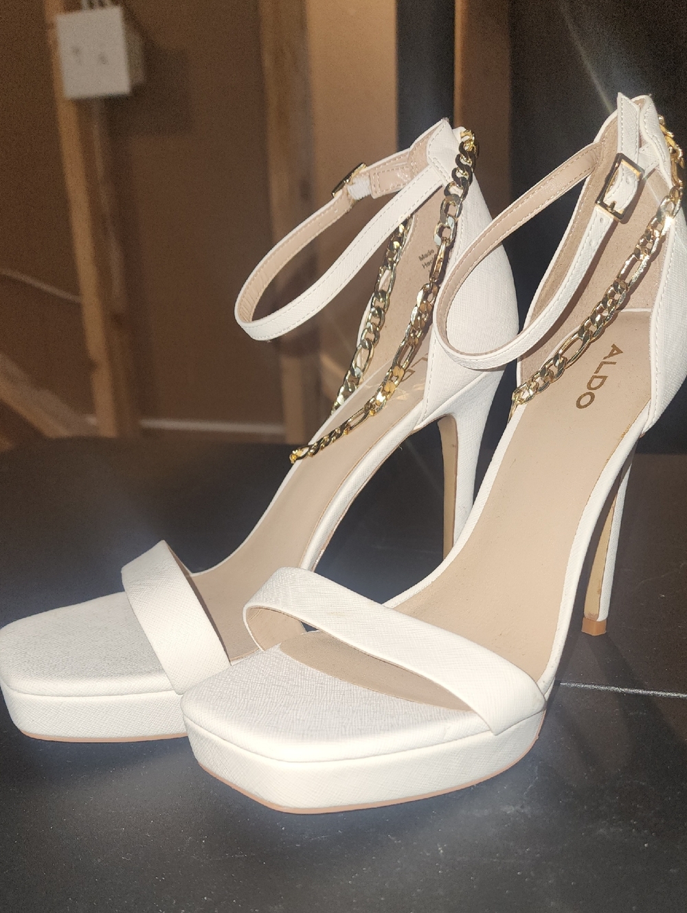 ALDO White Platform Ankle-Strap Heels with Gold Chain Accent